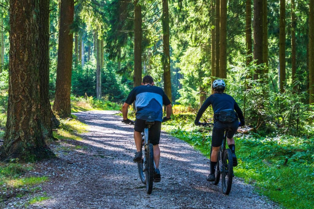 Two cyclists riding mountain bikes along a scenic forest trail on a sunny day.